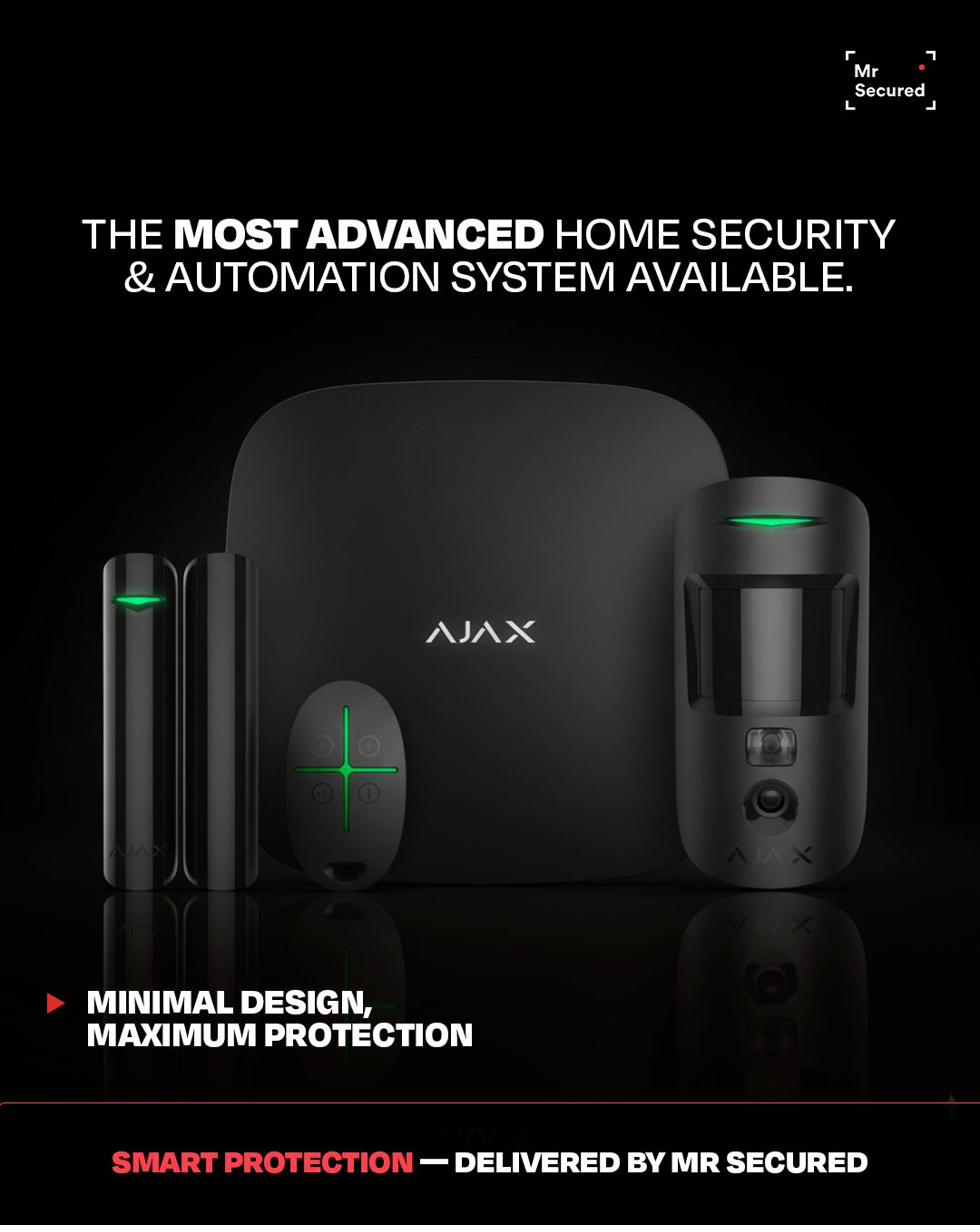 Complete AJAX wireless alarm system showing hub, sensors and app control