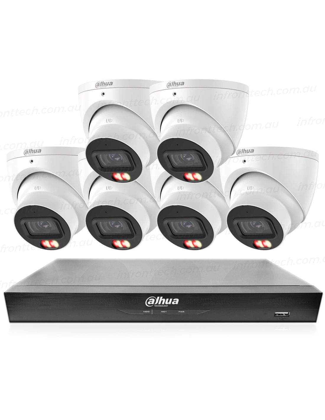 Dahua 8MP TiOC turret cameras in black and white with active deterrence red/blue LEDs