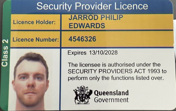 QLD Security Provider Licence - Class 2 - Licence No. 4546326 - Jarrod Edwards