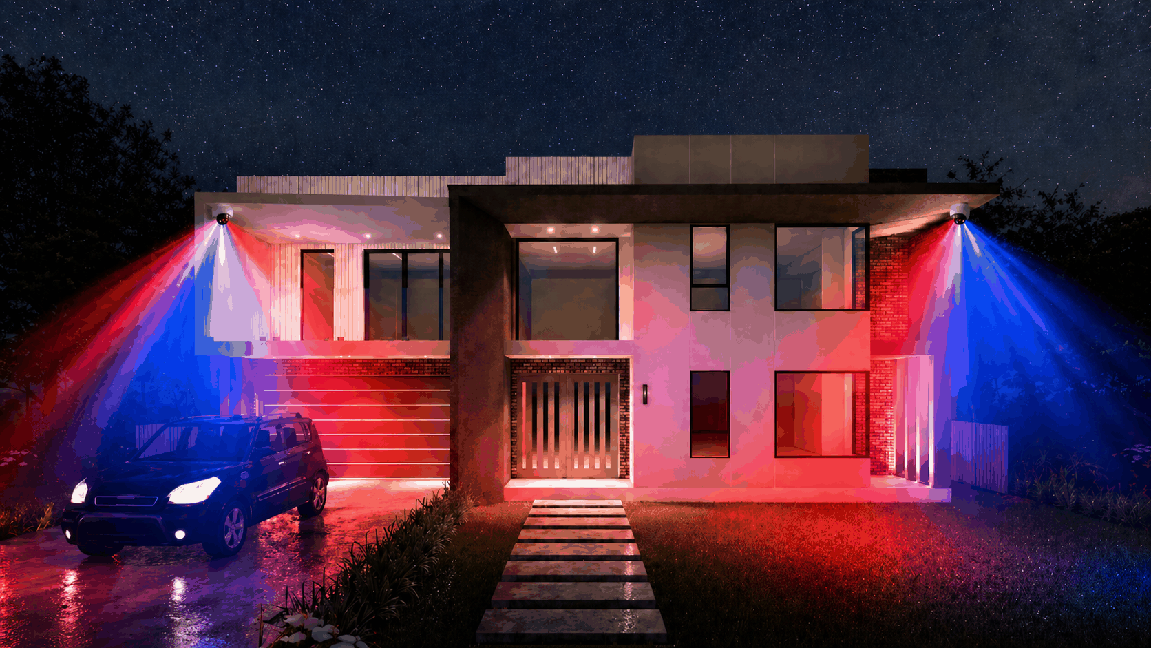 Dahua TiOC active deterrence cameras flashing red and blue strobe lights on a double storey home at night