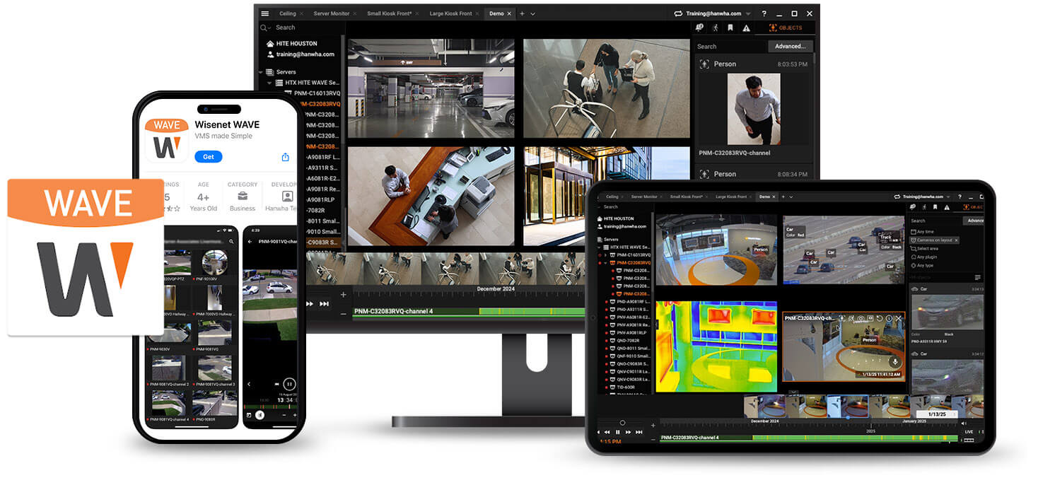 Wisenet WAVE VMS mobile and desktop interfaces