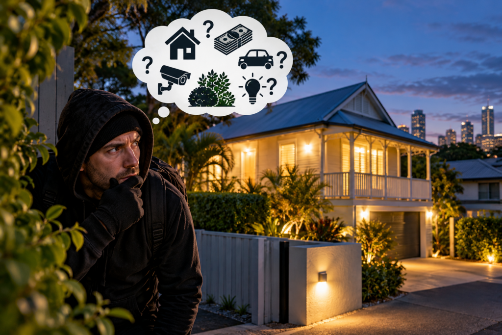 Hooded Intruder Surveying a Lit Suburban Home in Brisbane
